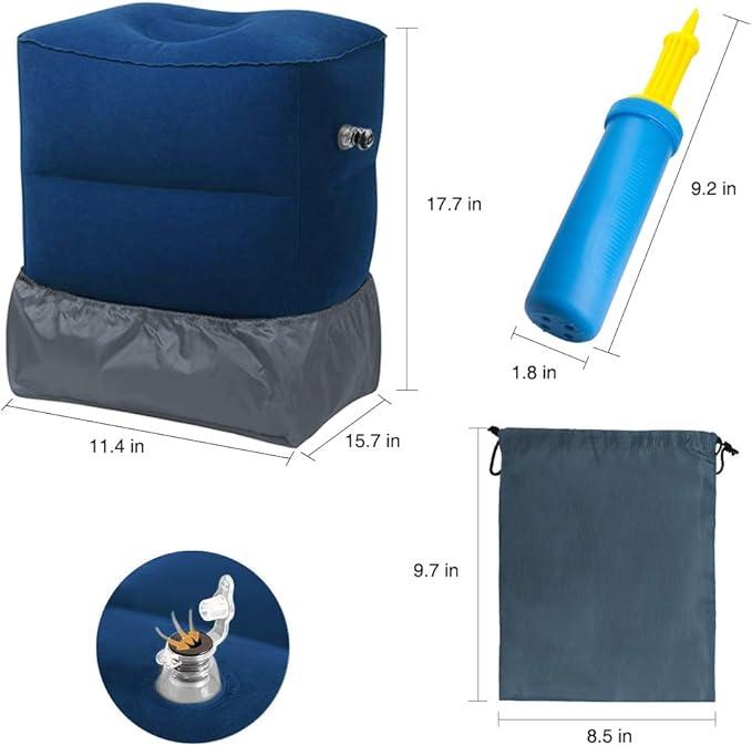Travel Foot Rest Pillow, Portable Inflatable with Double Hand Pump Adjustable Three Layers Height Pillow for Foot Rest on Airplanes,Cars,Buses,Trains,Office to Sleep on Long Trip
