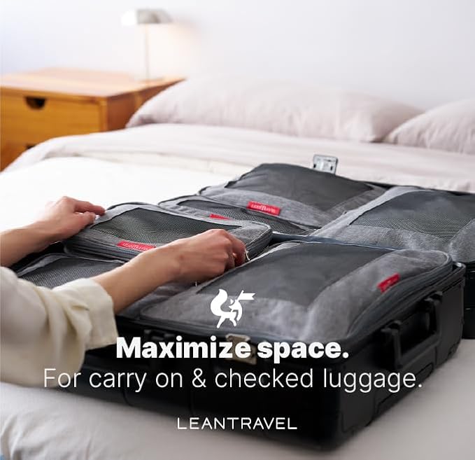 LeanTravel Premium Compression Packing Cubes for Travel - Suitcase Organizer Bags with Double Zipper & Breathable Mesh Panel - Space Saving Carry On Luggage Essentials (1 Medium Bag, Grey)