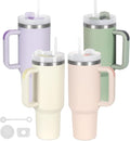 4 Pack 40 Oz Tumbler with Handle Bulk, Double Wall Vacuum Insulated Stainless Steel Tumbler with Lid and Straw, 40 oz cup with Silicone Spill Proof Stopper Set (Cream,Purple,Dark Green,Rose Quartz)
