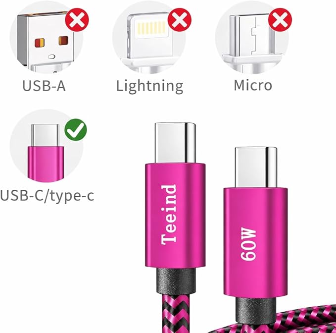 Teeind Type C Cable Fast Charging, Tpc002 3 Pack(3Ft/0.9M 60W) C to Type C Charger Nylon Braided Cord Compatible with iPhone 17/17 pro, 16/16 pro, MacBook, Samsung Galaxy S25/24/23/22, for Daily Use