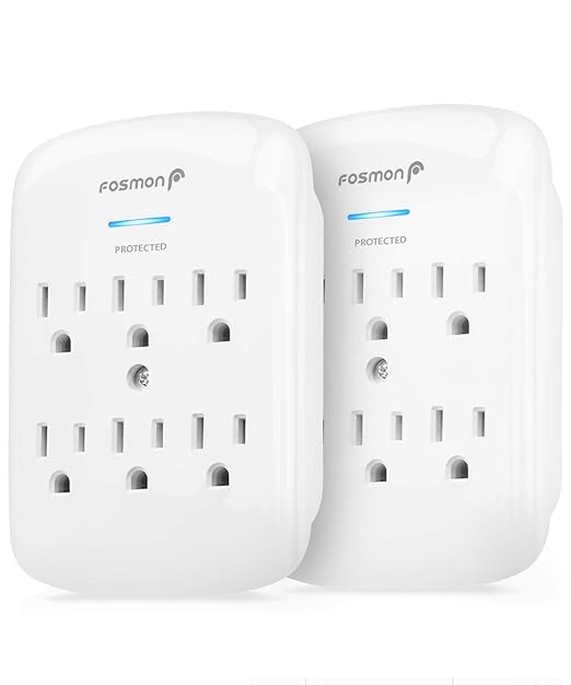 Fosmon 6-Outlet Power Strip Surge Protector 1200 Joules, Wall Mount Adapter Tap, Multi-Plug Outlet Wall Charger Extender, Charging Station, ETL Listed for Home, Dorm Room & Office (2 Pack) - White