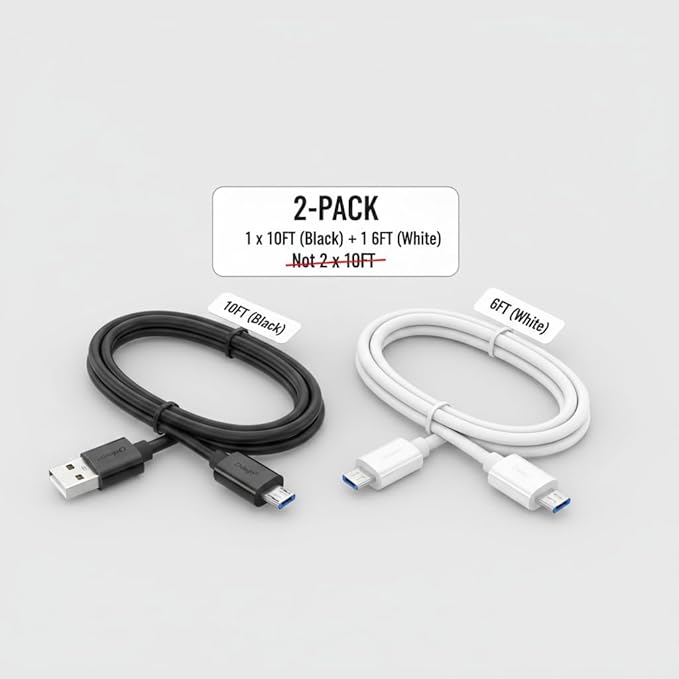 DEEGO Micro USB Cable, 2Pack Extra Long Android Charger Cable 10Ft 6Ft, Charger Cord Fast Android USB Charging Cable Compatible with Samsung Galaxy S7 Edge S6 S5 and More