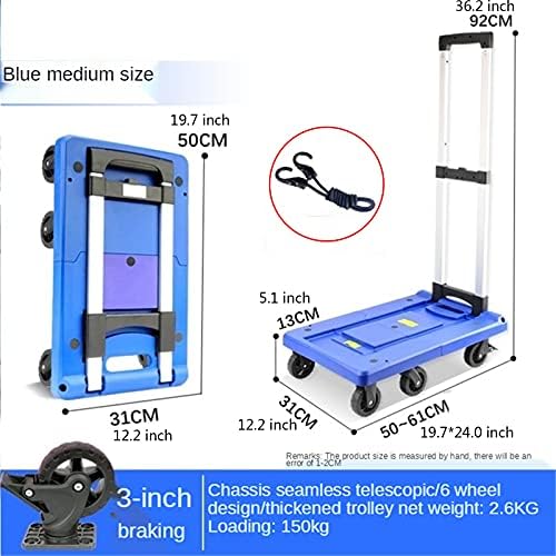 Push Cart Folding Platform Truck Plastic Push Cart Heavy Duty Portable Trolley with Retractable Assis for Luggage Travel Moving Office Platform Hand Truck (Large Blue)