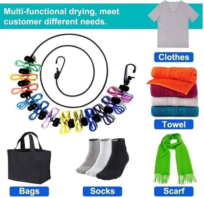 2 Pack Portable Clothesline with 12 Clothespins, Windproof Travel Clothesline Stretchy Retractable Elastic Laundry Clothes Line for Backyard, Vacation Hotel, Balcony Clothes Drying Line