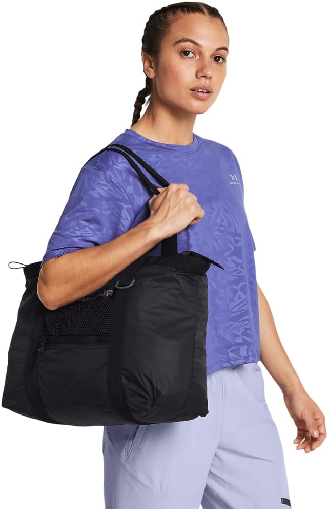 Under Armour Womens Studio Packable Tote Bag, (001) Black / / Metallic Gun Metal, One Size Fits Most