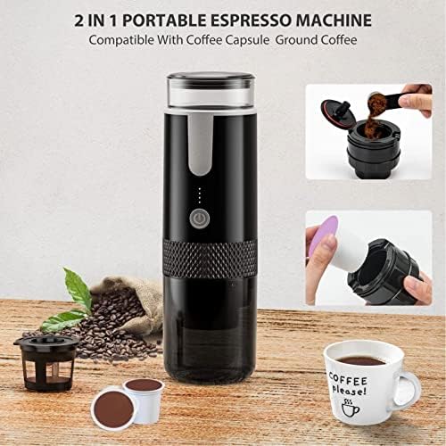 Portable Coffee Machine, Compact and Rechargeable, Extracts Delicious Pure Coffee, Compatible with for K Cup Capsules and Ground Coffee, Easy to Use for Travel and More