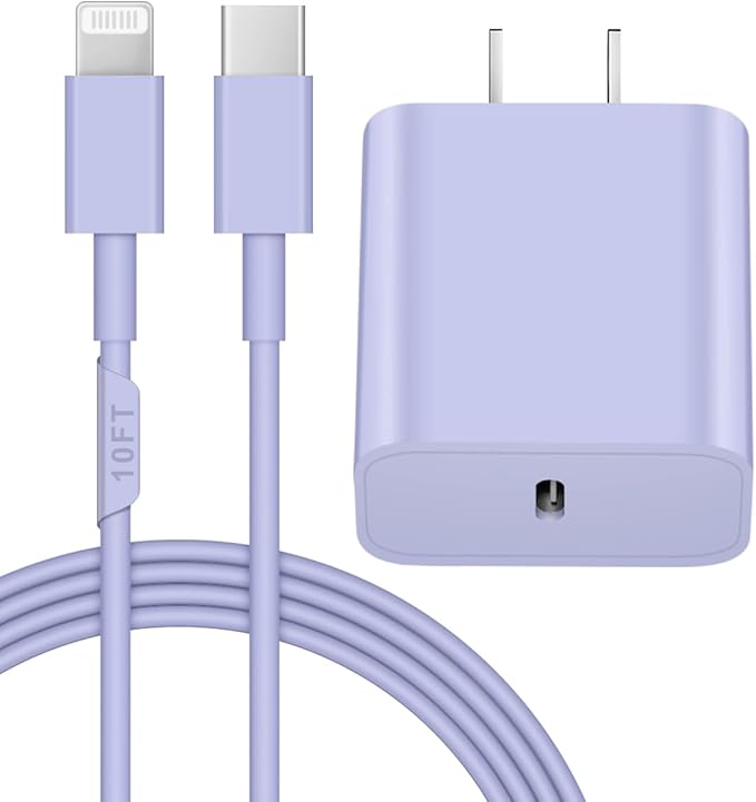10FT iPhone 14 13 12 Charger Fast Charging 20W PD USB C Wall Charger with 10FT Fast Charging Cable Compatible iPhone 14/13/12/11/Pro/Pro Max/Mini/Xs Max/XR/X, iPad - Purple