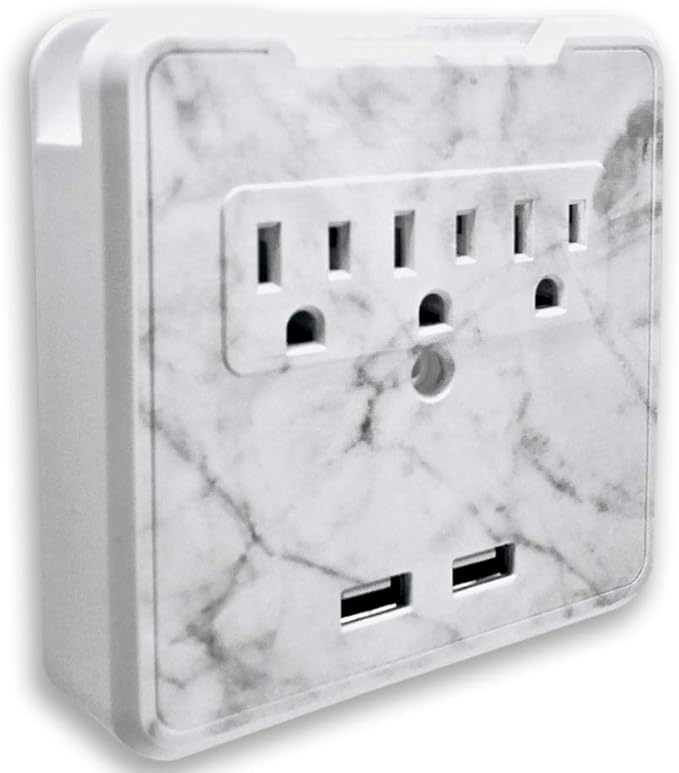 Glamsockets Decorative Wall Mount Surge Protector with 3 Outlets, Dual USB Charging Ports and Phone Holder - USB Charging Center/Multi Function Wall Tap (Carrara Marble)