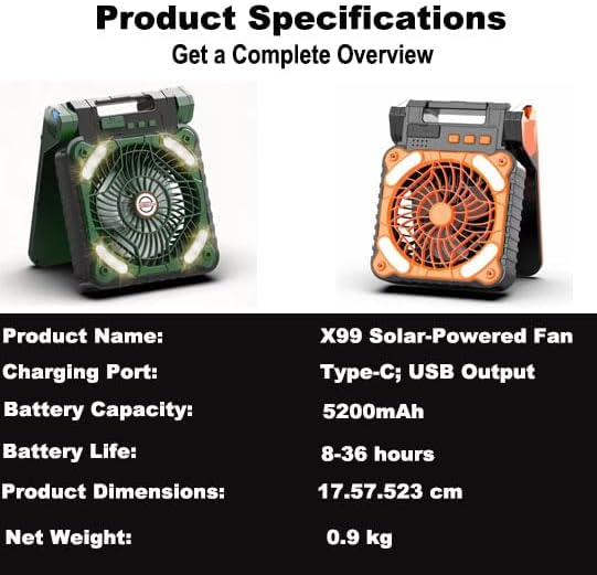 Upgraded Solar Camping Fan with Lantern - Rechargeable Battery Operated Fan 90° Adjustable Portable Table Fan for Hurricane Power Indoor Outdoor Use(Orange)
