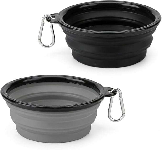 Collapsible Dog Bowls for Travel, 2-Pack Dog Portable Water Bowl for Dogs Cats Pet Foldable Feeding Watering Dish for Traveling Camping with Carabiners, BPA Free (Grey&Black, Medium (Pack of 2))