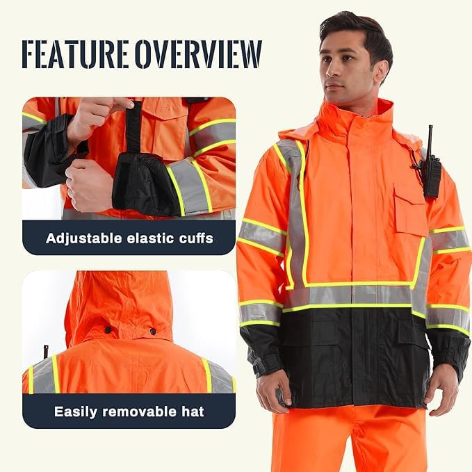 SKSAFETY Hi Vis Safety Rain Jacket for Men, Construction Work Rain Gear Heavy Duty Class 3 Rain Coat Waterproof Lightweight