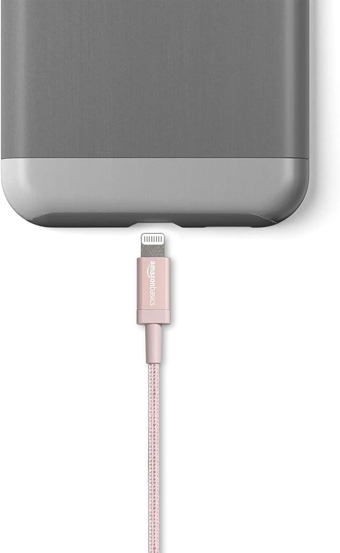 Amazon Basics USB-A to Lightning Cable, Apple MFi Certified, Nylon Braided Cord for iPhone 14 13 12 11 X Xs Pro, Pro Max, Plus, iPad, High Speed Transfer, 6 Foot, Rose Gold