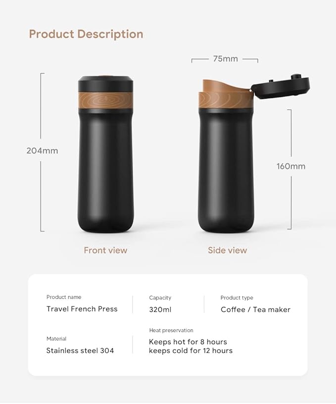 Portable French Press Coffee Maker Car-Go Vacuum Insulated Bottle, Travel French Coffee Maker With Unique Filter Stainless Steel Tea/Coffee Mug For Camping, 320ML