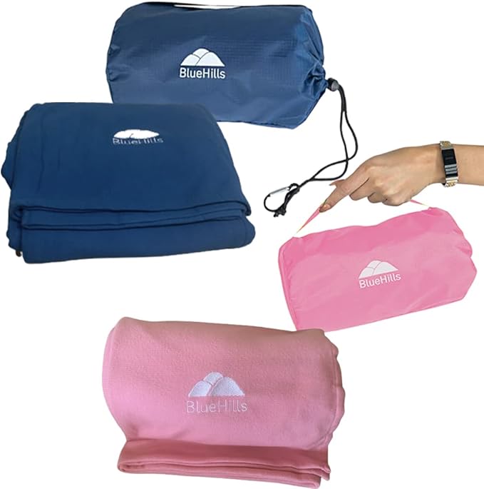 BlueHills Premium Soft Ultra Compact Travel Blanket Value Pack Set of 2 - Airplane Traveling Essentials Flight Blanket Throw in a Portable case Plane Travel Gift - Pink and Navy Blue