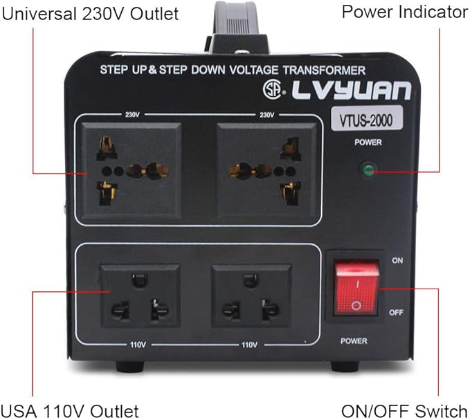 Cantonape Voltage Transformer Converter 2000 Watt Step Up/Down Convert from 110-120 Volt to 220-240 Volt and from 220-240 Volt to 110-120 Volt with 2 US Outlets, 2 Universal Outlets