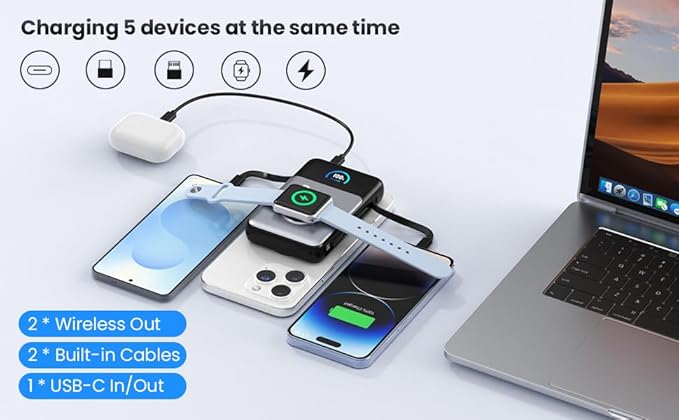 Magnetic Portable Charger 10800mAh with Built-in Cables, 15W Wireless Power Bank for Magsafe,30W PD Fast Charging USB-C Travel Essential Battery Pack for iPhone 17/16/15/14/13/12 Series