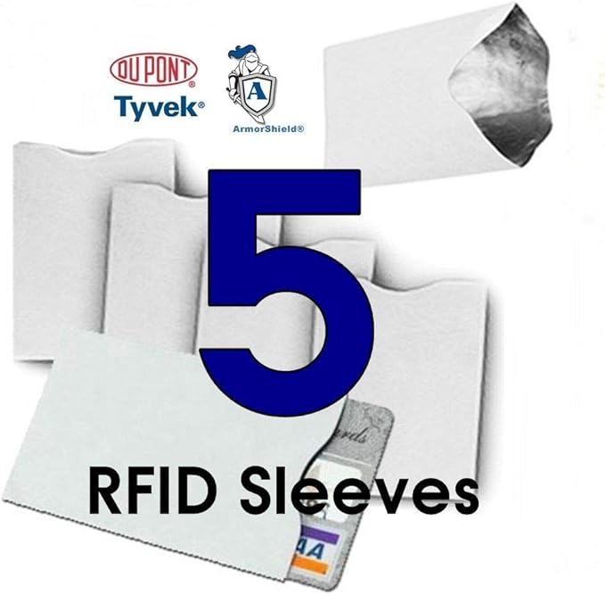 RFID Blocking Sleeves Credit Card Protector 100% MADE IN USA - Anti-theft for Travel wallet, purse. ArmorShield Your Identity (5PAK)