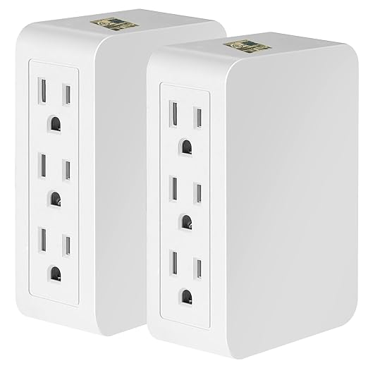 FiiMan 6 Outlet Wall Adapter, UL Listed 3-Prong Grounded Outlet to The Side, Wall Plug Side Access Adapter, 6 Way Outlet Extender Tap, White (2)