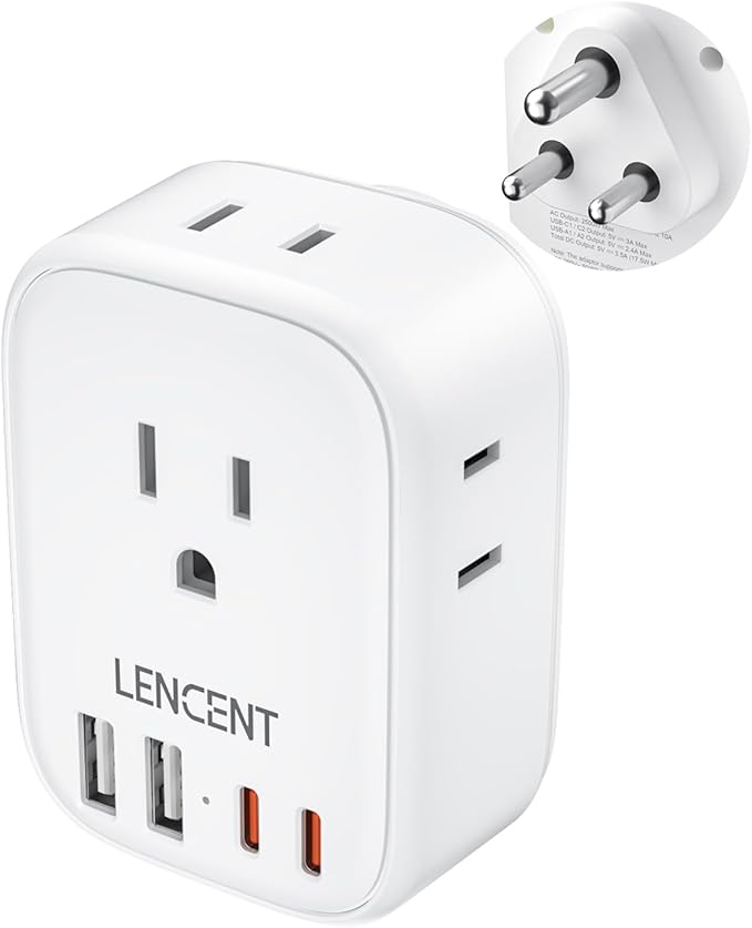 LENCENT US to India Power Plug Adapter, Indian Travel Adaptor with 4 Outlets, 4 USB Ports(2 USB C), Type D Plug Converter for USA to India Nepal Bangladesh Maldives Pakistan, Safe Grounded