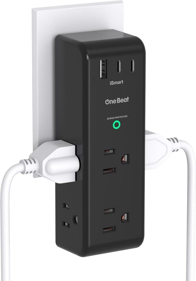 Surge Protector Outlet Extender with Rotating Plug, 6 AC Multi Plug Outlet with 3 USB Ports (2 USB C), 1800J Wall Charger Swivel Power Adapter with Spaced Outlet Splitter for Home Office Dorm, Black