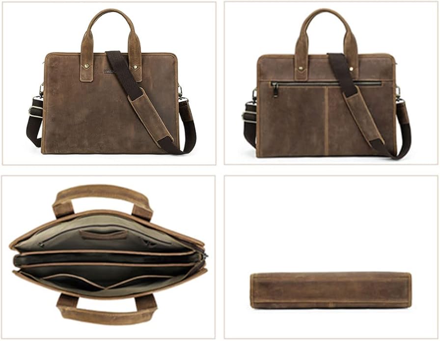 Contacts Leather Briefcase for Men 14 Inch Laptop Bag, Crazy Horse Leather Messenger Bag Brown Business Bag Satchel Shoulder Handbag