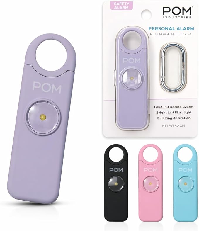 POM Personal Safety Alarm for Women – 130dB Loud Emergency Siren, USB-C Rechargeable with Bright LED Flashlight, Portable Keychain Design for Self Defense, Purse, Backpack & Travel (Lavender)