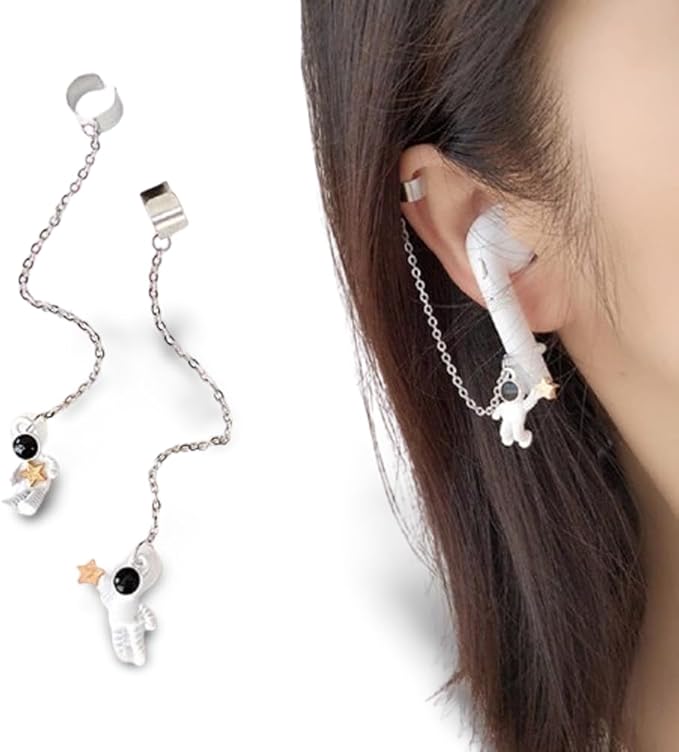 ZOSTLAND 1 Pair Creative Earphone Anti Lost Earring Clip Earclip Strap Wireless Earhook Earbud Ear Bud Holder Connector Compatible with Airpods 1/2/Pro/3 Beats Fit Pro Sony Gift (Astronaut)