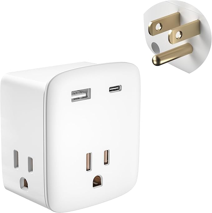 Cruise Ship Approved Outlet Extender, Non Surge Protector Power Strip with 3 AC Outlets & 2 USB (1 USB-C), Multi Plug Adapter, Travel Cruise Essentials, ETL Listed.
