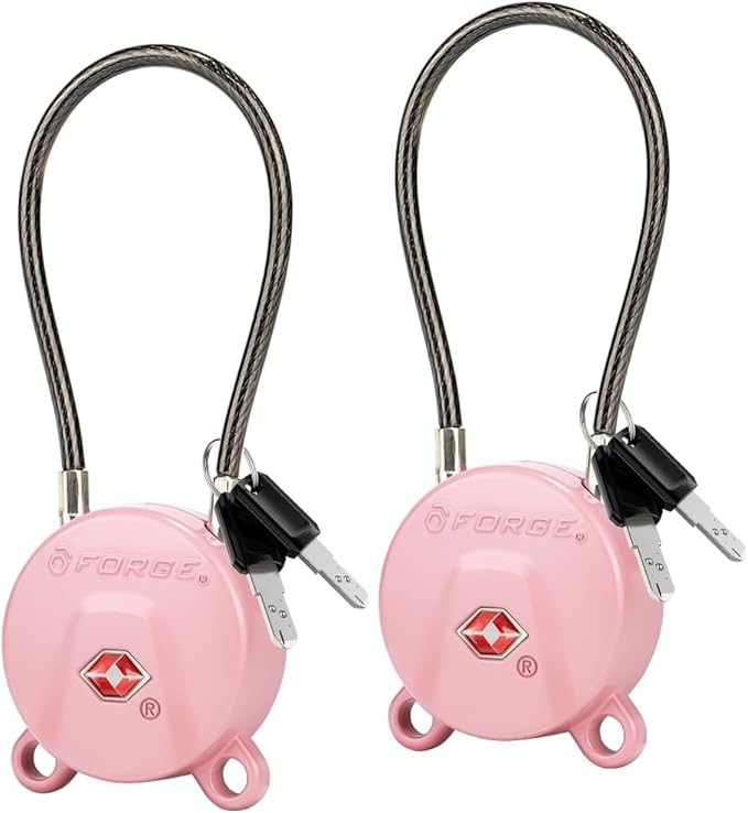 FORGE TSA Approved Luggage Locks, Keyed Alike TSA006 Dimple Key Travel Lock with Zinc Alloy Metal Body, Secure Cable Lock for Suitcase, Backpack, Gym Bags. 2 Pink Locks