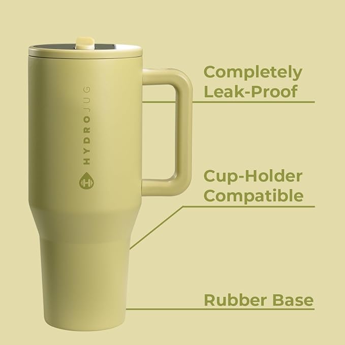 HydroJug Traveler - 32 oz Water Bottle with Handle & Flip Straw - Fits in Cup Holder, Leak Resistant Tumbler-Reusable Insulated Stainless Steel & Rubber Base - Gifts for Women & Men, Olive