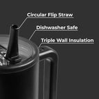 HydroJug Traveler - 32 oz Water Bottle with Handle & Flip Straw - Fits in Cup Holder, Leak Resistant Tumbler-Reusable Insulated Stainless Steel & Rubber Base - Gifts for Women & Men, Black