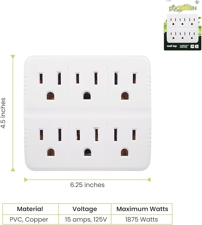 GoGreen Power Inc. (G-16000TW-2) 6-Outlet Tri-Tap Adapter, 6 Outlet Wall Tap Adapter, White, 2 Pack
