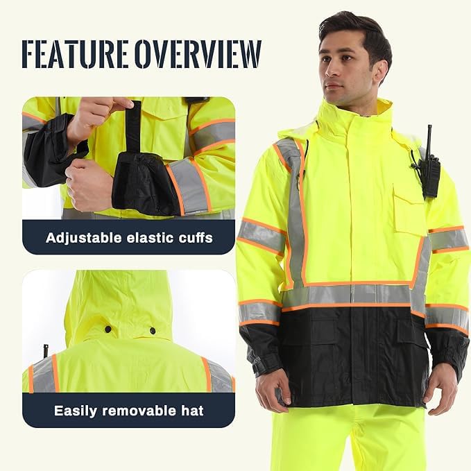 SKSAFETY Hi Vis Safety Rain Jacket for Men, Construction Work Rain Gear Heavy Duty Class 3 Rain Coat Waterproof Lightweight