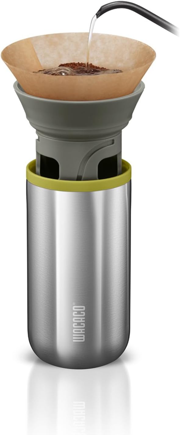 WACACO Cuppamoka Coffee Pot, Portable Drip Coffee Maker, Pour Over Coffee Machine with 10 Cone Paper Filters, Manually Operated, Stainless Steel Coffee Brewer, 10 fl oz