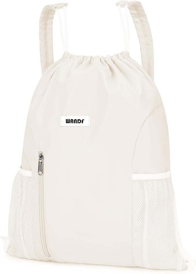 WANDF Drawstring Backpack with Shoulder Pad Sports Gym Backpack with Mesh Pocket String Bag for Women Men (Beige)