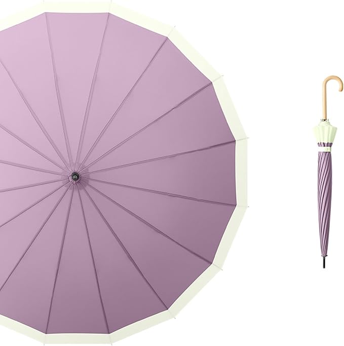 ThreeH Big Beatiful Umbrella with Arc Classic Wood Handle 16 Ribs 48" Windproof Sturdy Stick Rain Umbrella