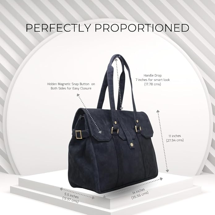 Amari Midnight Blue Suede Leather Tote Bag for Women | Fits 14” Laptop | Ethical Handcrafted Indian Shoulder & Messenger Bag | Soft Genuine Suede | Office, Travel & Everyday Use