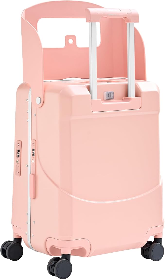 TABU 20" Ride on Luggage with Foldable Seat，Front-Opening Carry On Suitcase with Built-in USB & Type-C Port, TSA Lock and 360° Silent Spinner, for Kids & Adults, Pink
