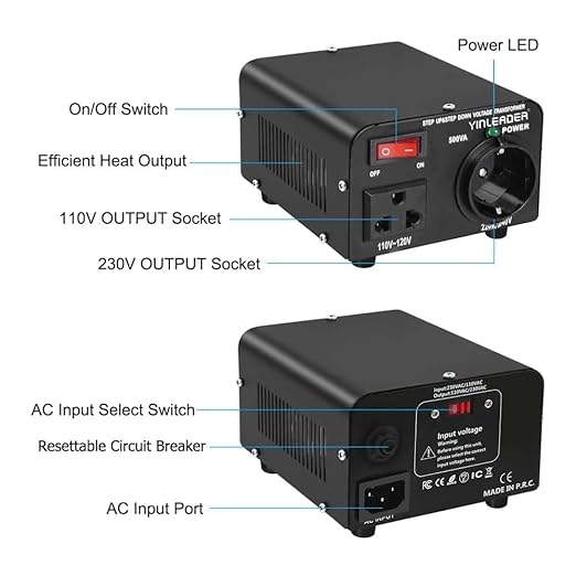 Yinleader 110v to 220v European Voltage Converter Transformer 500W Step Up Converter 110/120 Volt to 220/230/240 Volt or Step Down 220 to 110,[110V US Power Cord Included Only, No 220V Cord]