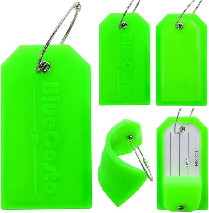 BlueCosto - Luggage tags - large, green, 5 pieces - PVC luggage tags with privacy screen and stainless steel wire loops - personalized luggage identification for travel - name labels for backpacks