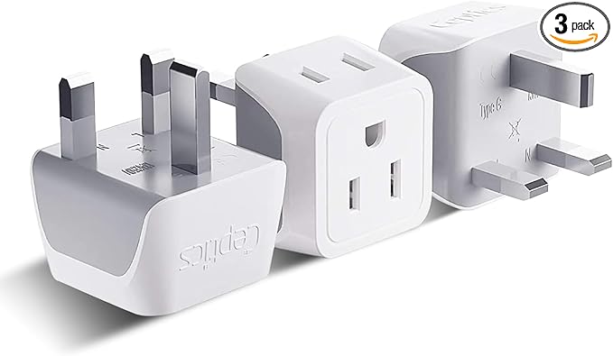 Ceptics UK Travel Plug Adapter, 2 in 1 Type G Adapter, US to UK Adapter, Ireland, Dubai Travel Adapter with Dual USA Inputs, CE, RoHS - HK Outlet Adapter, 3 Pack