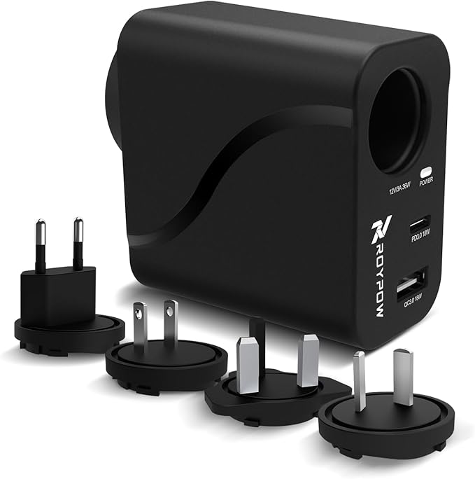 RoyPow AC to DC Converter, 110V/120V to12V Converter, 36W USB C Charger with Car Cigarette Lighter Socket, 3-Ports Wall Charger 18W PD3.0 Travel Plug 110V/120V to 12V/3A Power Adapter for iPhone, iPad