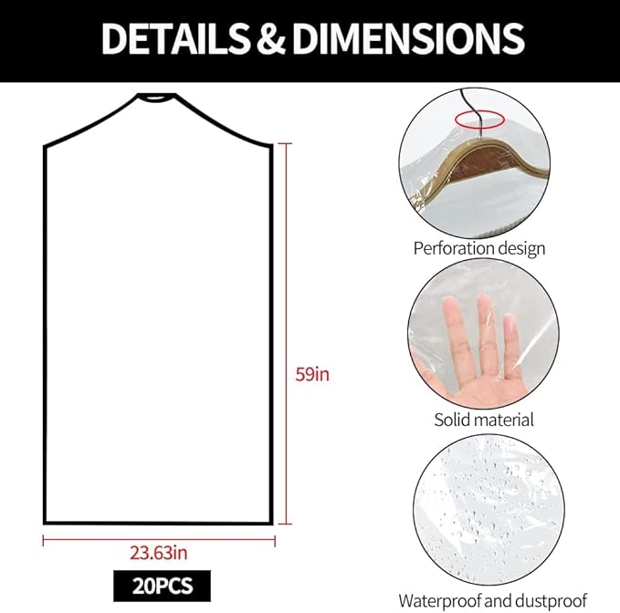 BEISHIDA 20PCS 60 Inch Plastic Garment Bag-Plastic Clear Dry Cleaner Laundry Bags for Clothes Cover, Hanging Clothes Storage for Long Dresses Skirt Coat Suit Shirt Jacket