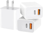3 Pack USB C Charger Block,20W USB-C & USB-A Port Charger，for i Phone 17/16/15/14/13/12/11/X/8, i Pad and More