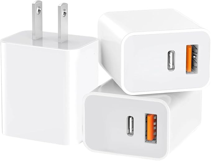 3 Pack USB C Charger Block,20W USB-C & USB-A Port Charger，for i Phone 17/16/15/14/13/12/11/X/8, i Pad and More