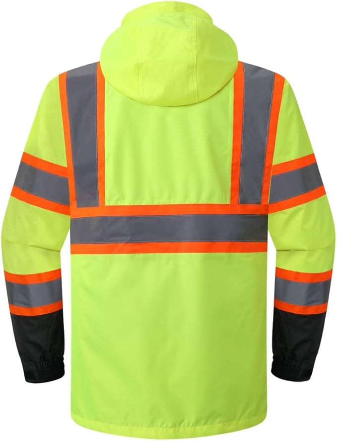 JKSafety Hi-Vis Reflective Safety Rain Jacket for Men Women Waterproof Rain Gears for Farming Fishing Work HV Rain Jacket with Inner Mesh Lining and Pockets (117A-YBlk 3XL)