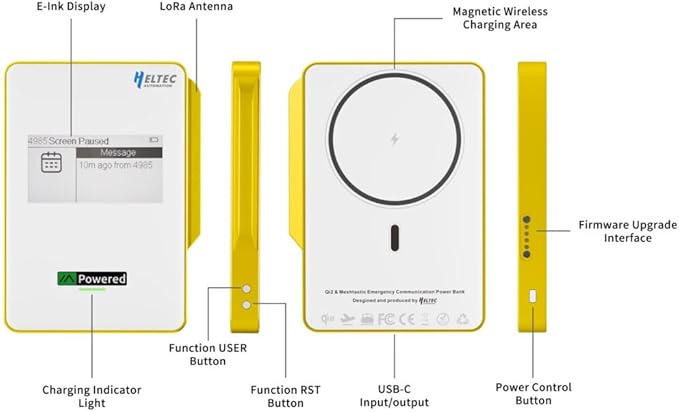 Heltec Meshtastic & LoRa Compatible Magnetic Power Bank with nRF52840 and SX1262 Chips E-Ink Display, Wireless Charging 5000mAh for Outdoor Emergency - MeshPocket Qi2 (Yellow)