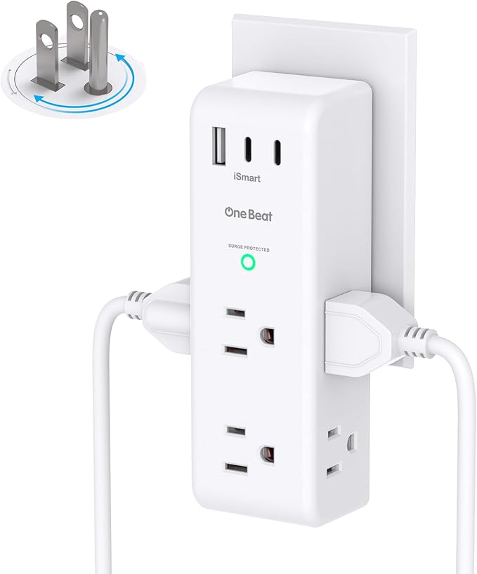 Surge Protector Outlet Extender with Rotating Plug, 6 AC Multi Plug Outlet with 3 USB Ports (2 USB C), 1800 Joules, 3-Sided Swivel Power Strip with Spaced Outlet Splitter for Home, Office, Dorm, White