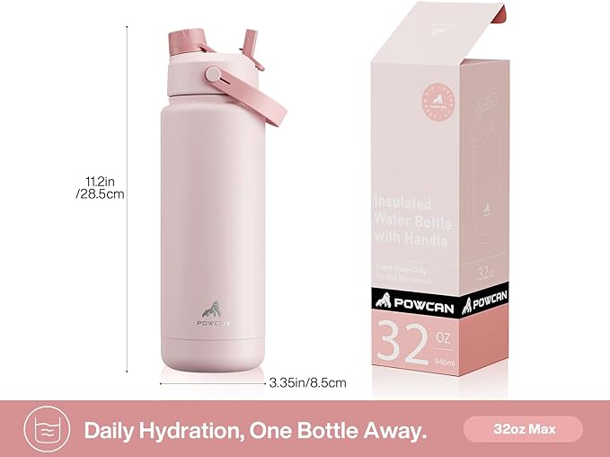 POWCAN 32 oz Insulated Water Bottle with 2-in-1 Straw and Spout Lid, Keep Cold 24H, Leak-Proof, BPA-Free, Double Wall Stainless Steel Water Bottle for Sports, Gym, Travel, Gift, School (Bow Crush)