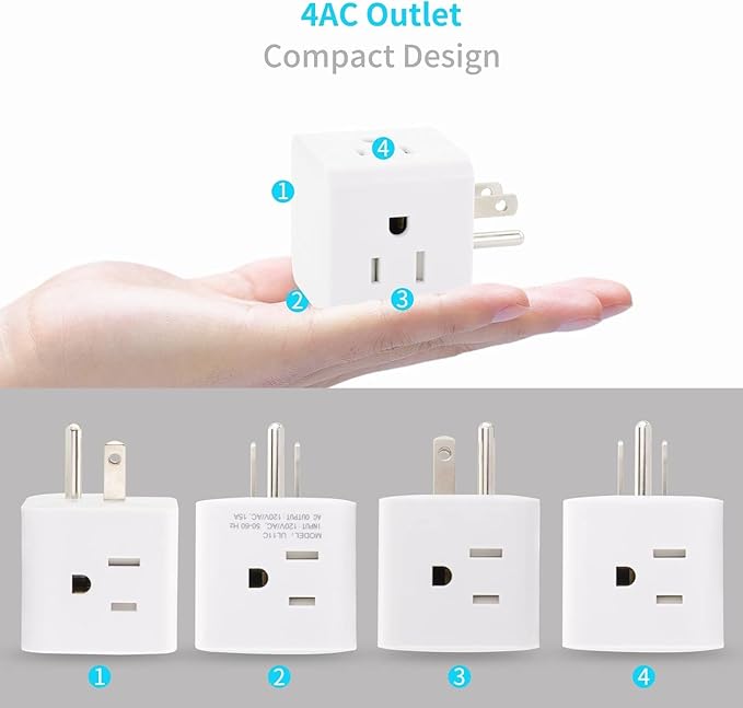 Multi Plug Outlet Extender, Vsanstar 3 Prong Wall Tap 4 Way AC Electrical Outlets Power Strip, Power Plug Splitter Grounded to USA Adapter for Home Office, Kitchen (USA Plug Outlet)